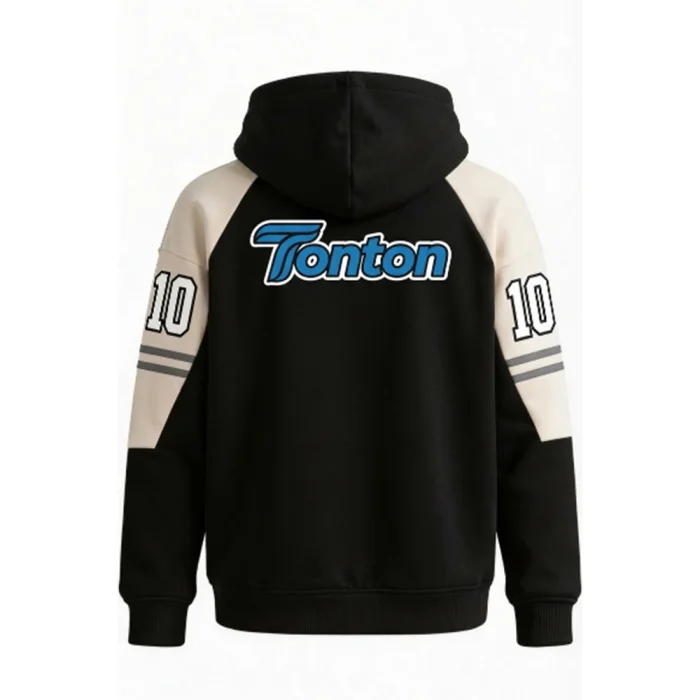 Back view of tonton customized black and cream team hoodie with a prominent blue and white brand logo.