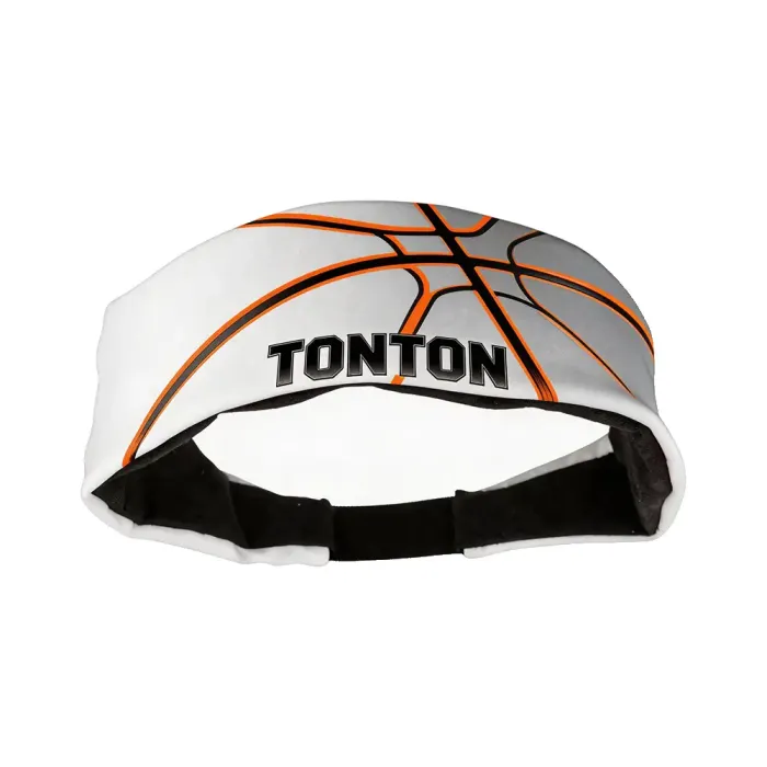 tonton professional white athletic headband showcasing a large-scale orange and black basketball line design with a centered brand name.