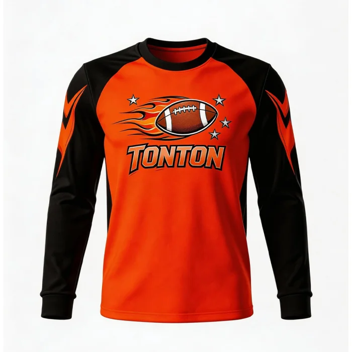 Front view of tonton orange and black raglan base layer featuring a flaming football graphic and custom branding.
