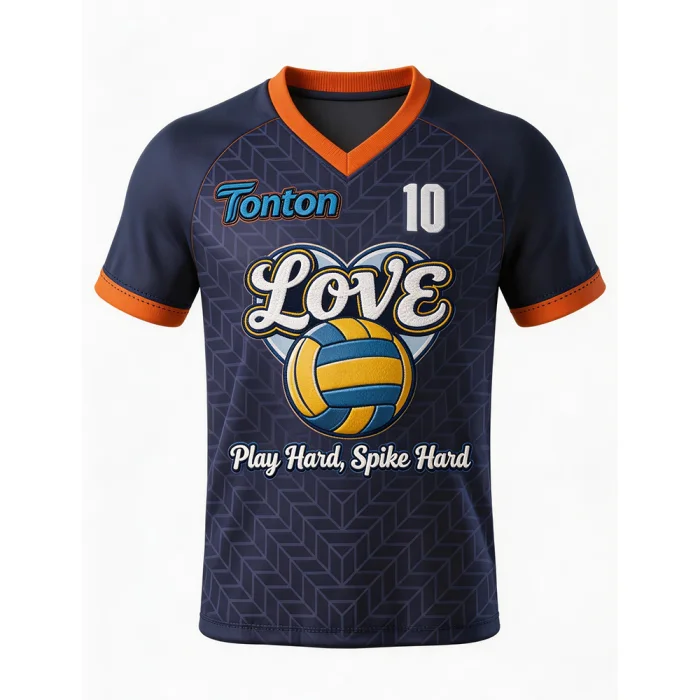 tonton navy blue volleyball practice jersey with "LOVE" heart graphic and orange trim.