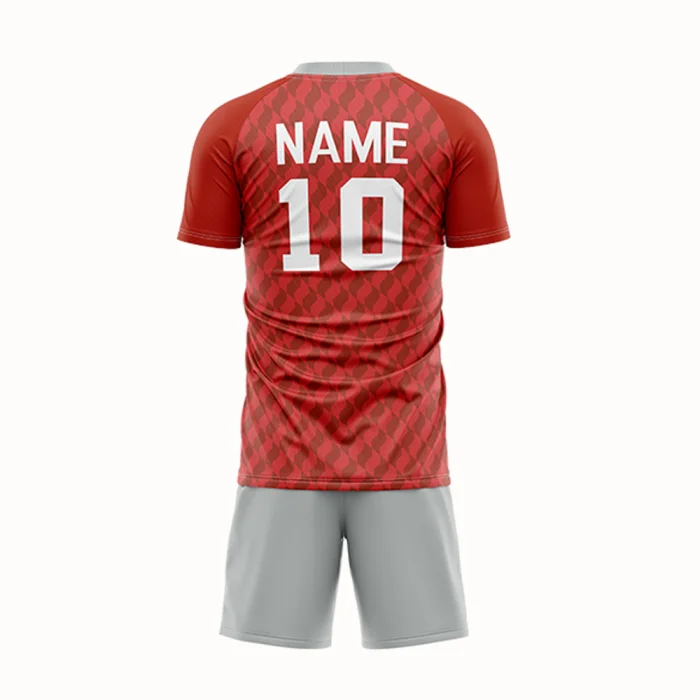 Back view of tonton red soccer kit featuring white player name and number 10 on a breathable jersey.
