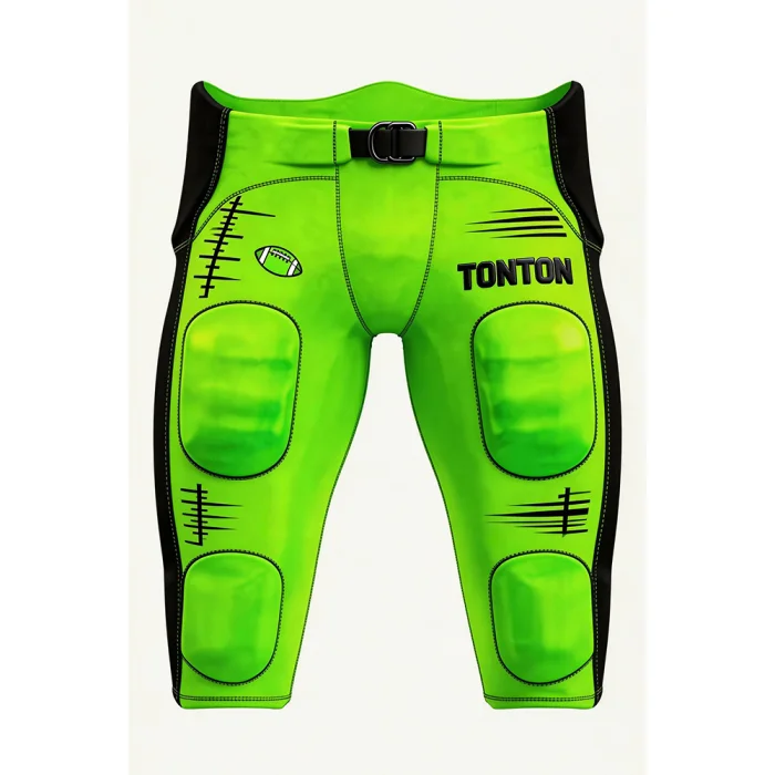 Front view of tonton lime green American football pants featuring black side panels and integrated protective gear.