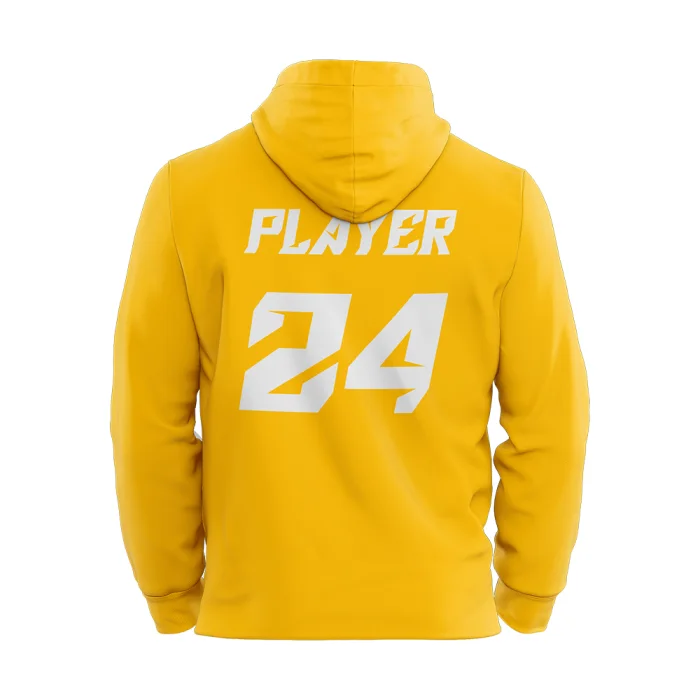 Back view of tonton custom yellow athletic hoodie with white "PLAYER 24" lettering and comfortable fleece texture.