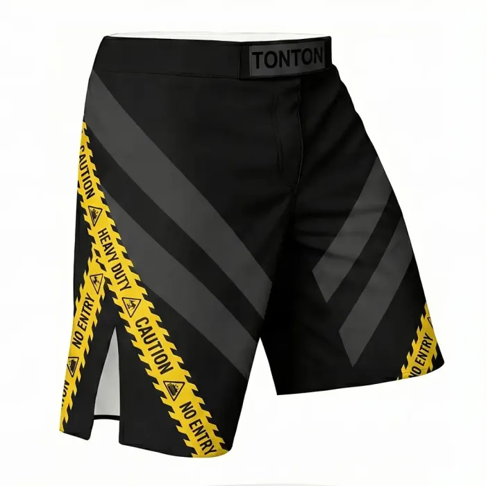 tonton black custom MMA shorts right view with yellow hazard tape design fightwear