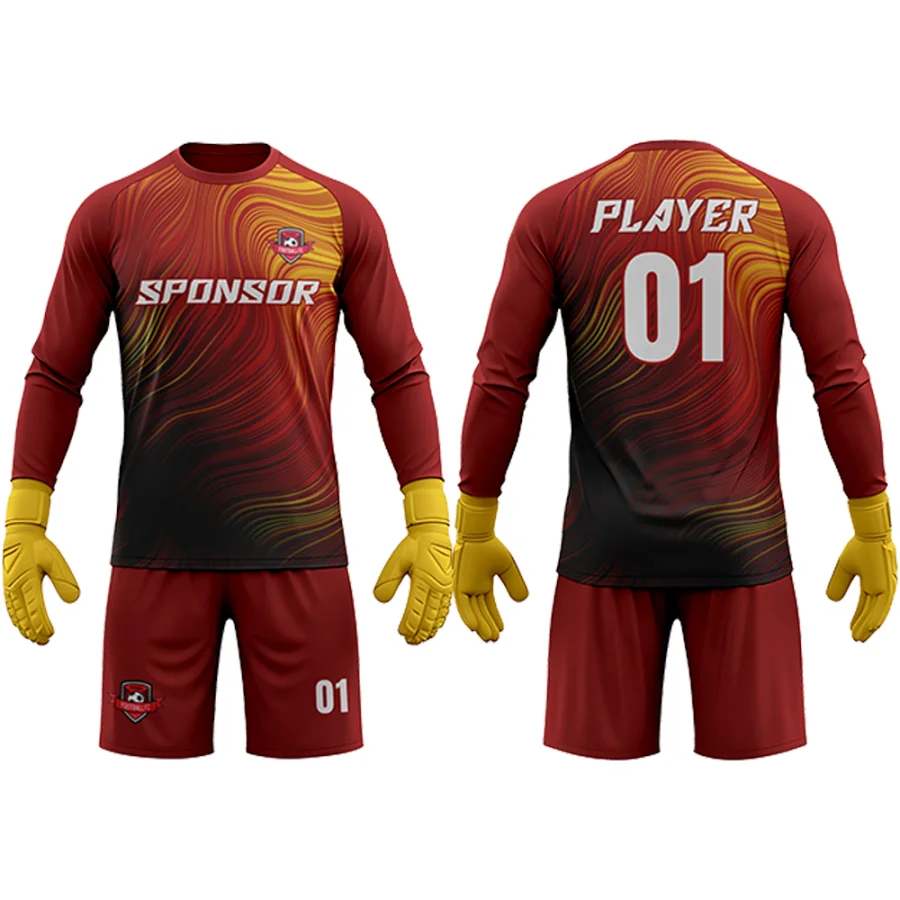 TONTON-Torwart-Set in Burgund und Gold mit Swirl-Muster – individuell gestaltbares Logo, lockere Passform fürs Training