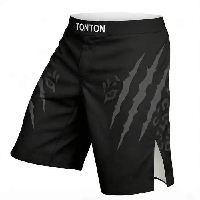 tonton black custom MMA shorts left view with grey claw marks and tiger eyes fightwear