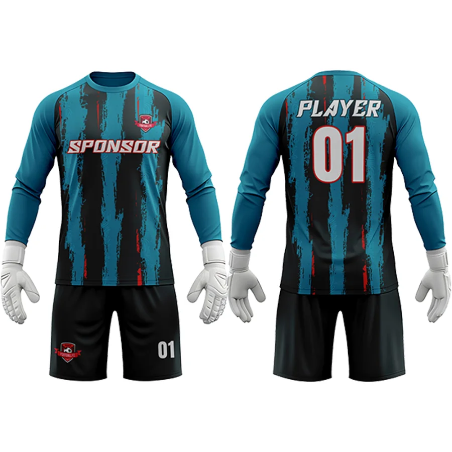 TONTON-Cyan-schwarzes Grunge-Streifen-Torwart-Set – Vollsublimierte Sportausrüstung