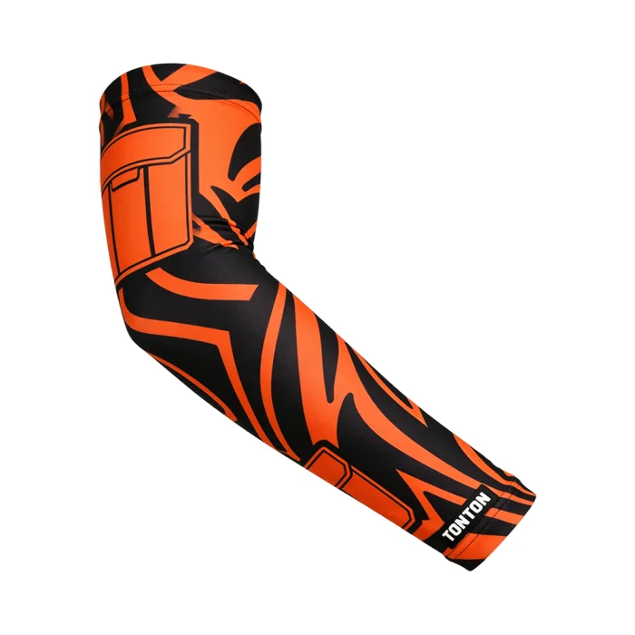 tonton athletic arm sleeve showcasing a dynamic orange and black abstract geometric pattern for high-performance volleyball play.