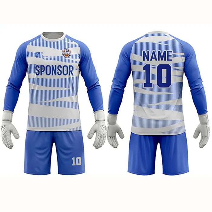 Front view of tonton sky blue and white goalkeeper kit with horizontal wave patterns and long sleeves.