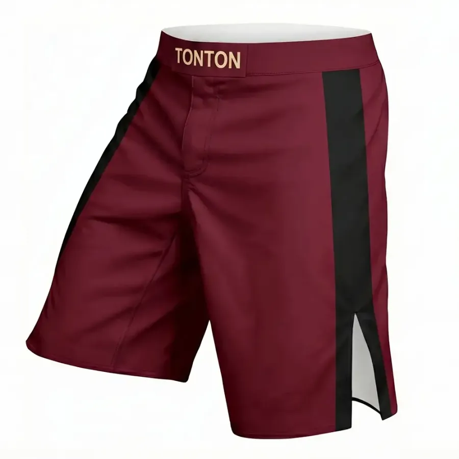 TONTON Classic Burgundrot Zweifarbige MMA-Shorts – Vier-Wege-Stretch-Einsätze für Wrestling & BJJ