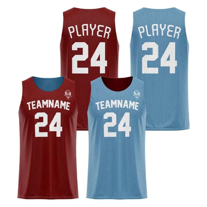 Front view and back view of tonton athletic reversible basketball jersey in maroon and light blue, featuring a textured mesh knit and contrast-color round neck.