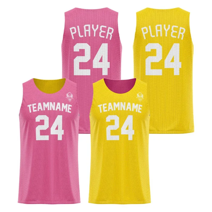 Front view and back view of tonton vibrant reversible basketball jersey in pink and yellow, featuring prominent mesh texture and custom team branding.