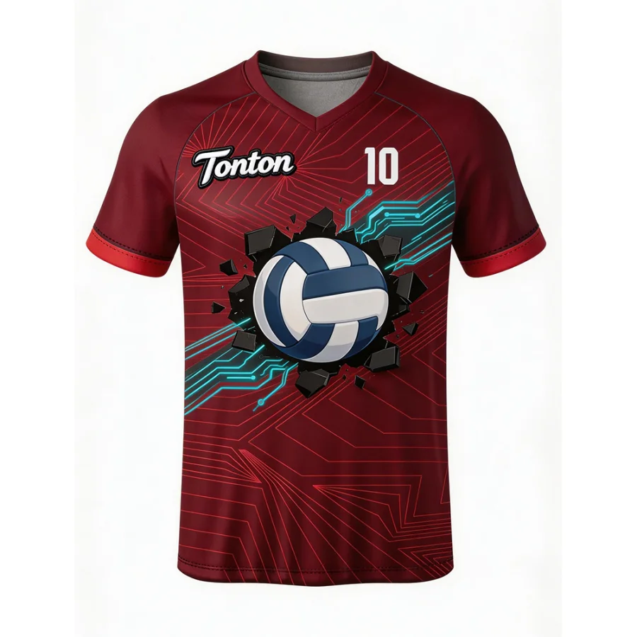 TONTON-Dunkelrotes Volleyballtrikot mit Grafikmotiv – individuell gestaltbares Logo, leichtes und atmungsaktives Mesh-Oberteil