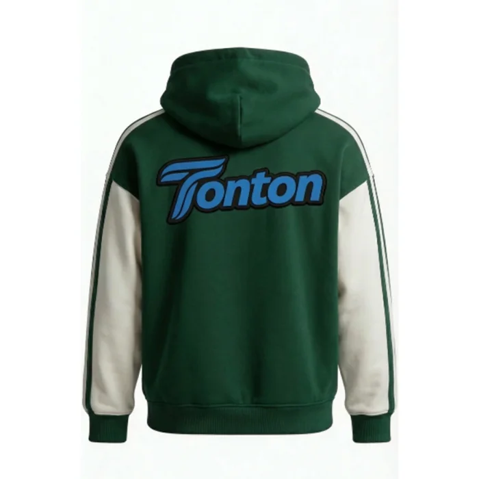 Back view of tonton green customized sports hoodie showcasing a large blue brand applique on the upper back.