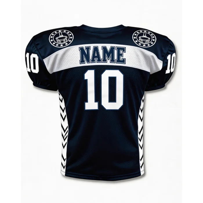 Back view of tonton custom navy football practice top by tonton with player name, white number 10, and chevron side details.