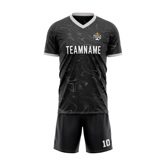 Front view of tonton black soccer jersey with subtle grey smoke texture and white athletic branding.
