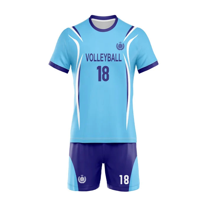 tonton light blue and purple volleyball match jersey with dynamic sharp-edged geometric graphics.