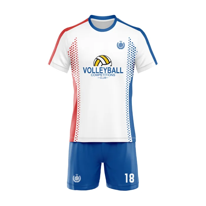 Front view of tonton custom white and blue volleyball match kit with red side accents and team logo.