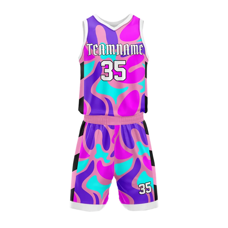 TONTON-Pink- und -lila-abstraktes Camo-Basketballtrikot – vollständiges Sublimationsdruck-Set mit verstärkter Kantenbindung