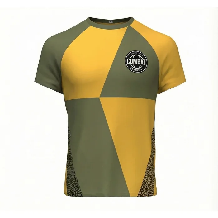 tonton custom boxing jersey front view in yellow and green geometric blocks with combat logo fightwear