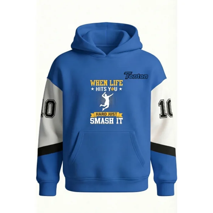 Front view of tonton vibrant blue and cream color-block hoodie with a volleyball slogan and athletic number 10.