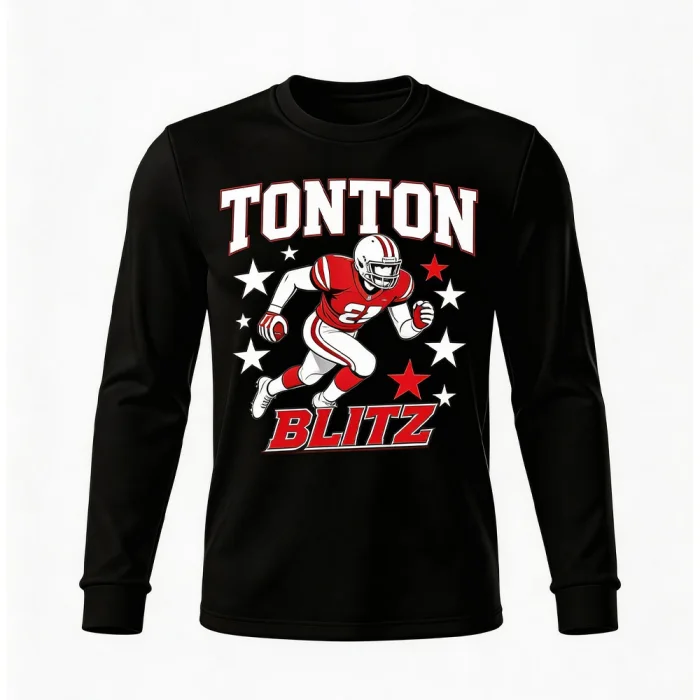 Front view of tonton black long-sleeve football base layer featuring a "BLITZ" player illustration and bold white branding.