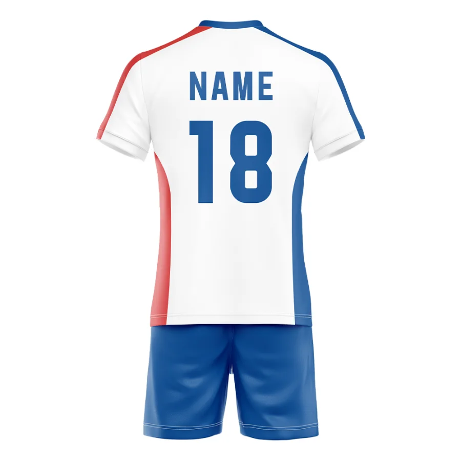 Back view of tonton white volleyball jersey featuring blue "NAME 18" and matching blue shorts.