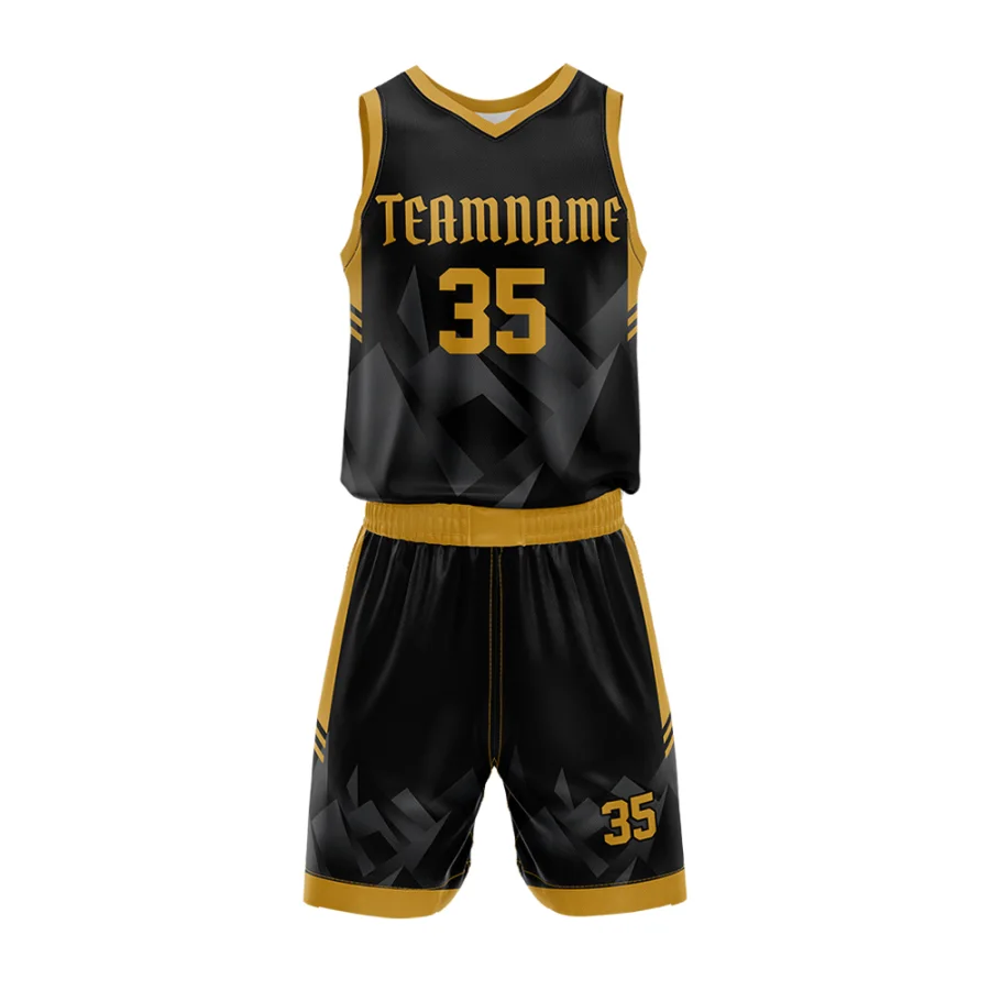 TONTON-Schwarz-Gold-geometrisches Basketballtrikot – vollständig sublimationsbedrucktes Racerback-Design