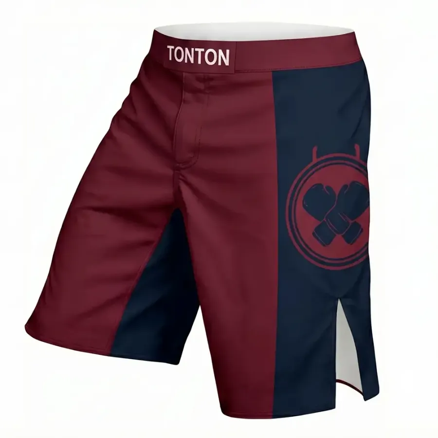 TONTON-Team-MMA-Shorts in Burgundrot & Marineblau – professionelle, sublimierte Kampfkleidung