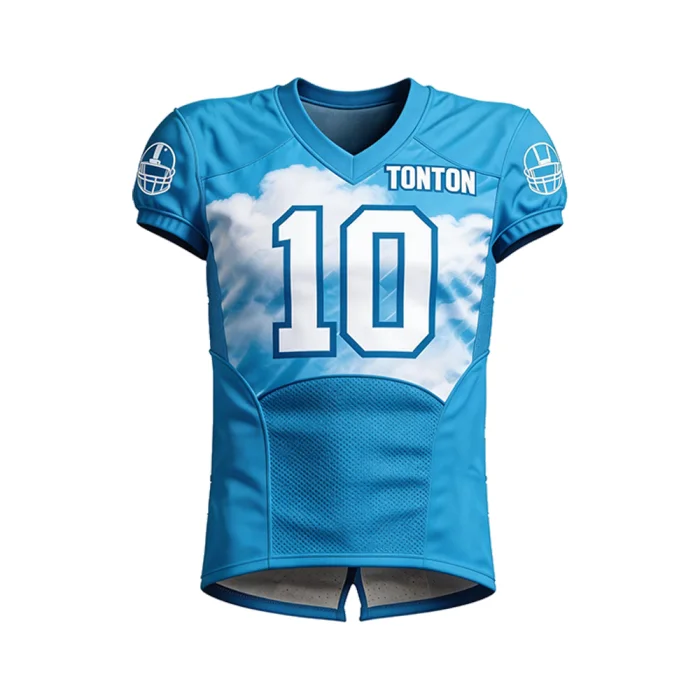 Front view of tonton sky blue American football jersey featuring a realistic cloud pattern and white number 10.