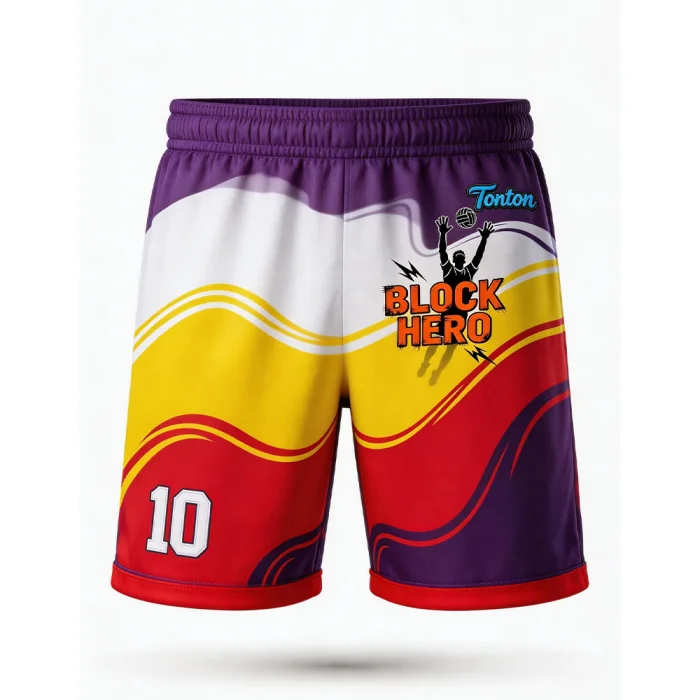 tonton athletic volleyball shorts featuring a dynamic wavy color-block design in purple, yellow, white, and red with number 10.