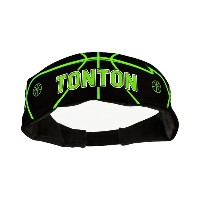 tonton custom basketball headband in black featuring vibrant neon green basketball outlines and a bold 3D brand logo.