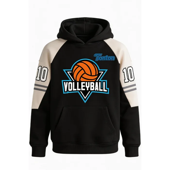 Front view of tonton professional black and cream color-block hoodie featuring an orange volleyball crest and number 10.
