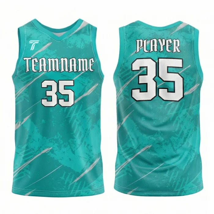 Front view and back view of tonton professional teal basketball practice top with dynamic grey slash graphics and white team branding.