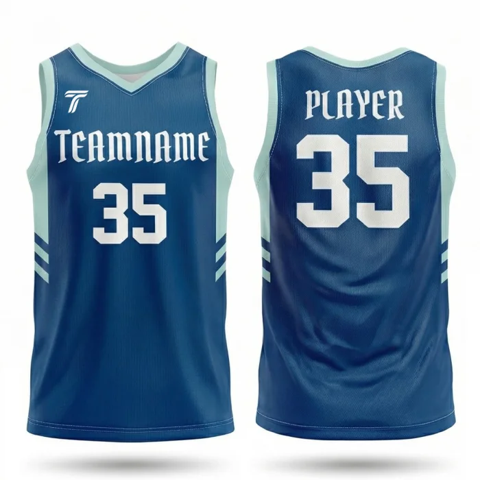 Front view and back view of tonton navy blue V-neck basketball practice jersey with light blue side panels and professional team branding.