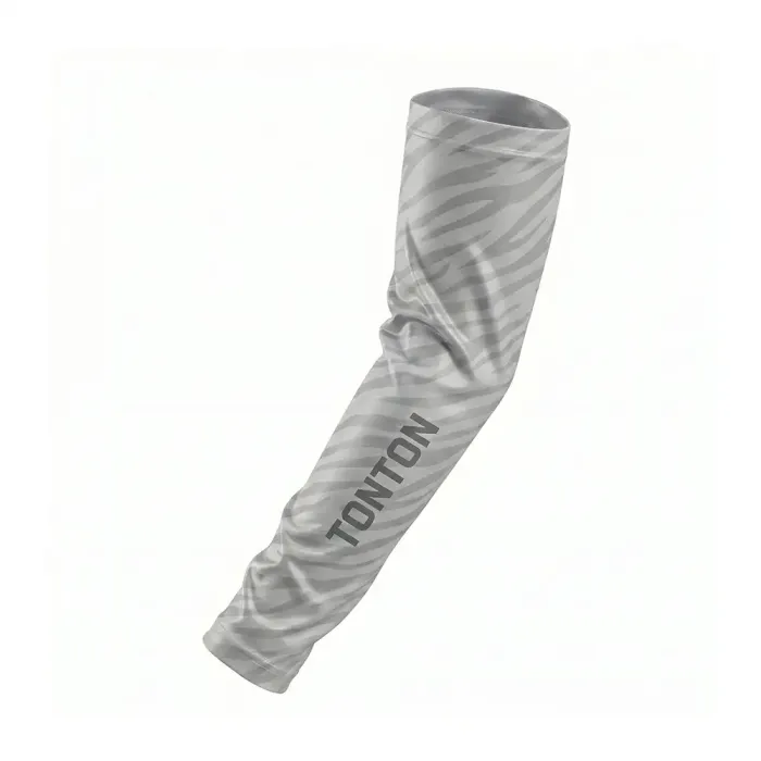 tonton custom basketball sleeve in light grey featuring a subtle tiger stripe animal print texture and dark grey brand name.