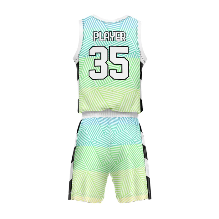 Back view of tonton custom mint green geometric print basketball jersey and shorts with player name and number 35.