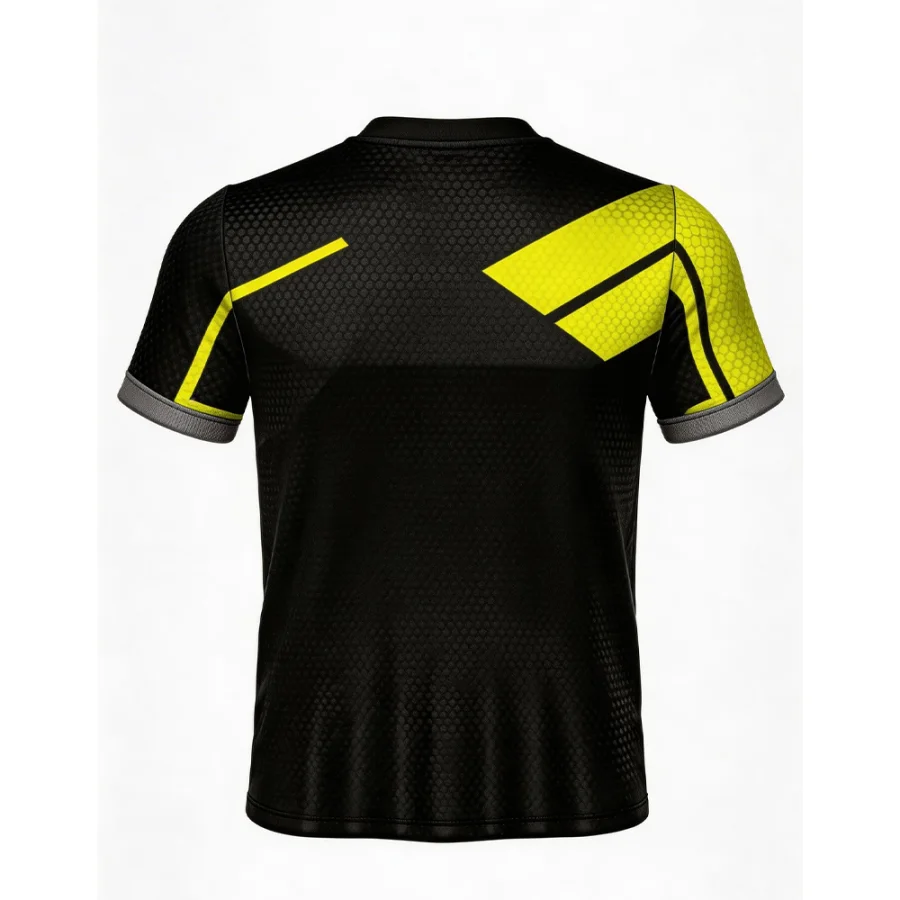 Back view of tonton black volleyball jersey with yellow geometric shoulder patterns.