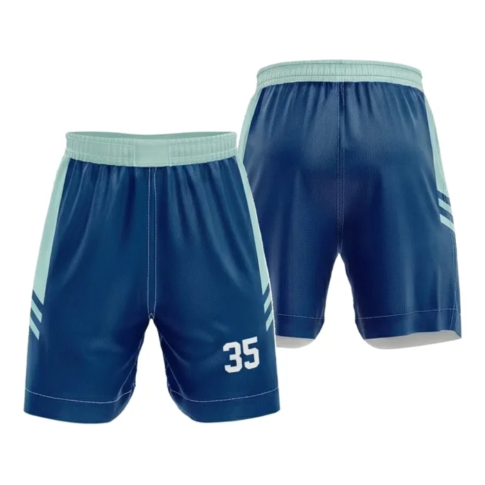 Front view and back view of tonton navy blue basketball shorts with light blue side panels, white stitching, and number 35.
