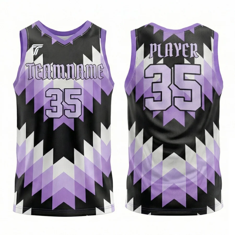 TONTON-Purple Basketball-Trainings-Trikot mit geometrischem Chevron-Muster – hochleistungsfähiges, sublimiertes Athleten-Fit