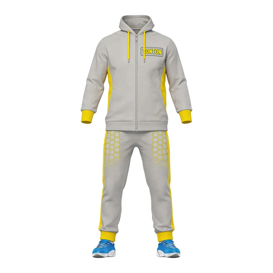 TONTON-Sportanzug in Grau und Gelb mit Sechseck-Muster – atmungsaktive, leichte Mesh-Sportbekleidung