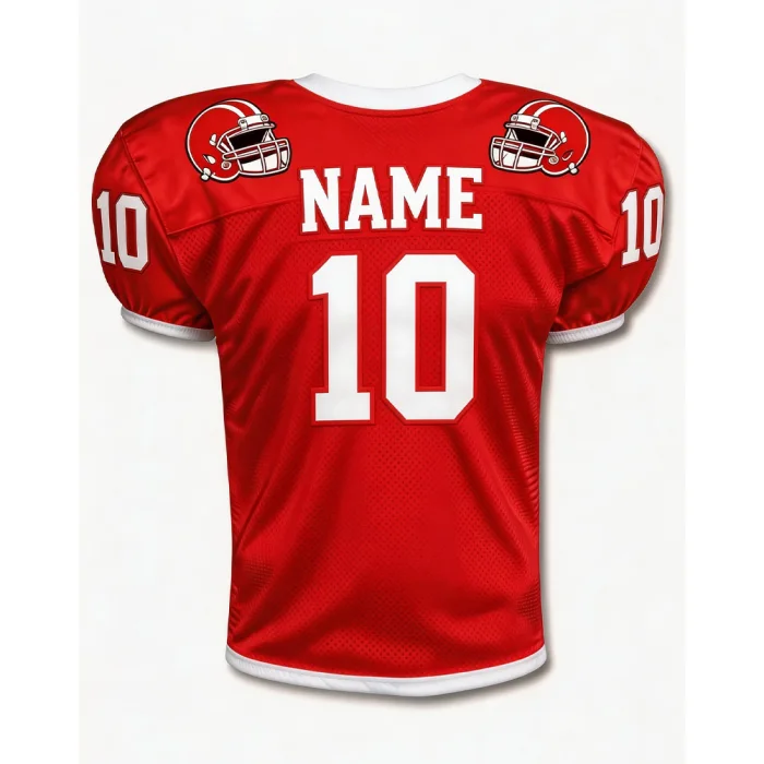 Back view of tonton custom red football practice top with player name and classic white number 10.