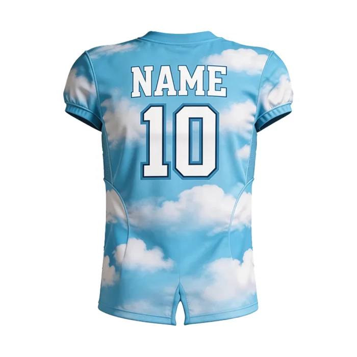 Back view of tonton custom cloud-print football jersey with player name and bold number 10.