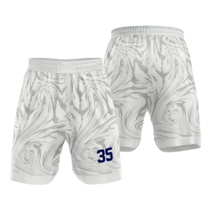 Front view and back view of tonton custom basketball shorts featuring a white and grey marble swirl pattern with blue number 35.