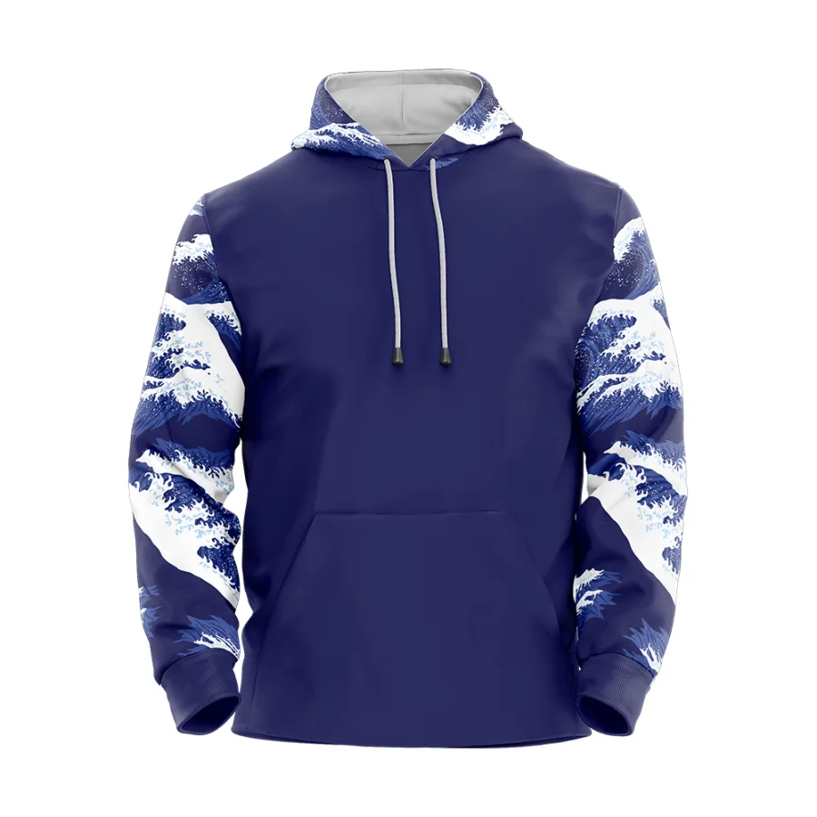 TONTON japansk bølgeprint basketballhoodie – marineblå fleece-fodret opvarmnings-sweatshirt med holdbar yderlag