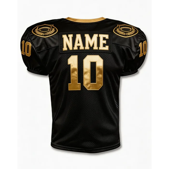 Back view of tonton custom black football practice top with player name, metallic gold number 10, and athletic fit.