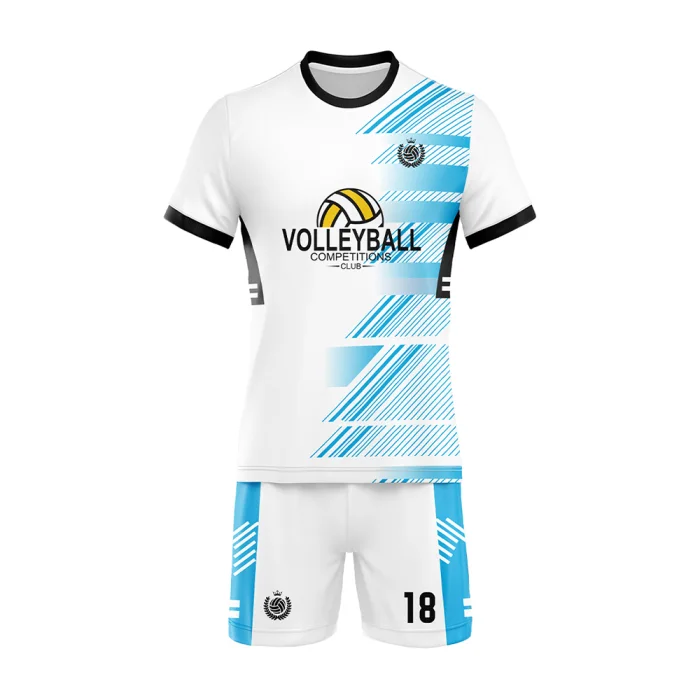 Front of tonton white and cyan volleyball match day kit with diagonal brushstroke splash design.