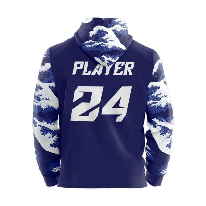 Back view of tonton navy basketball hoodie by tonton featuring wave print hood and "PLAYER 24" back graphic.