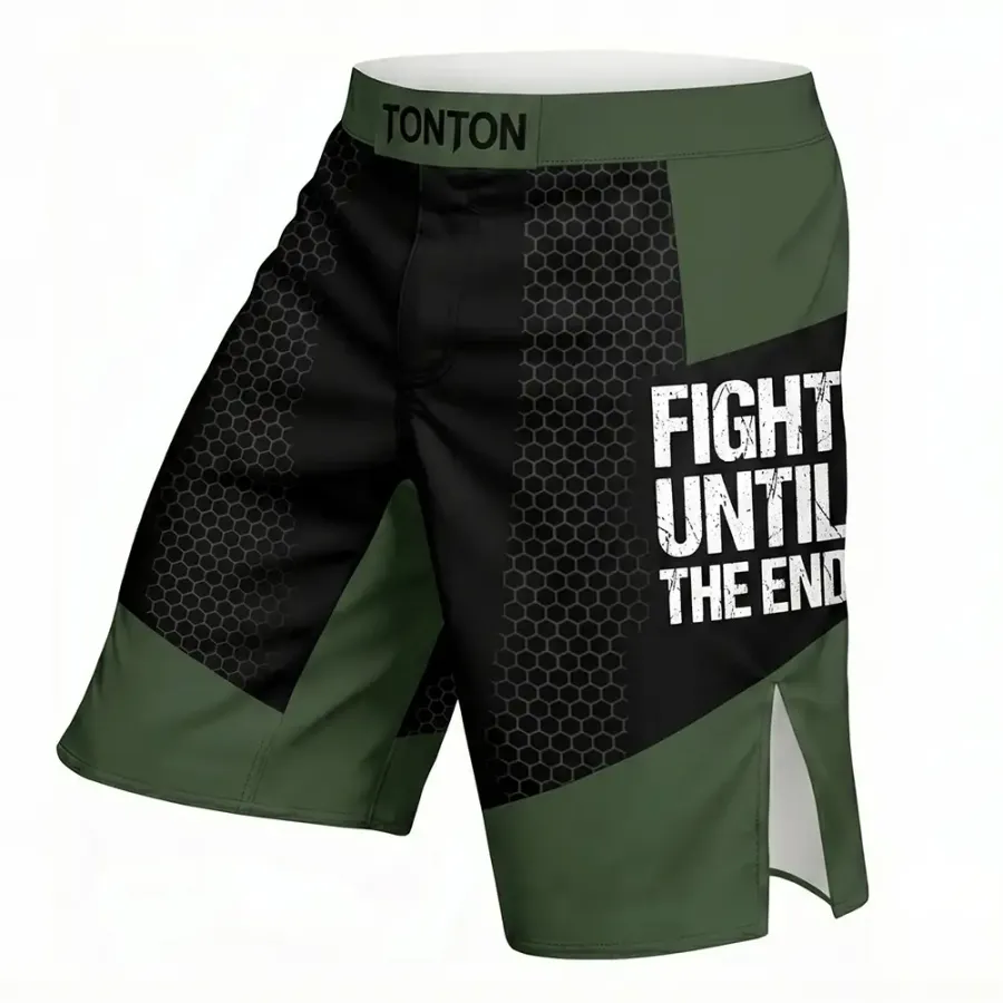 TONTON Olive-Honigwaben-Panel-MMA-Shorts – Leistungsstarke Stretch-Ausstattung mit sicherem Verschluss