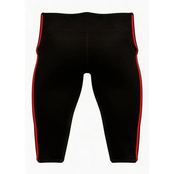 Back view of tonton black football game pants with red side stripe accents and high-durability fabric.